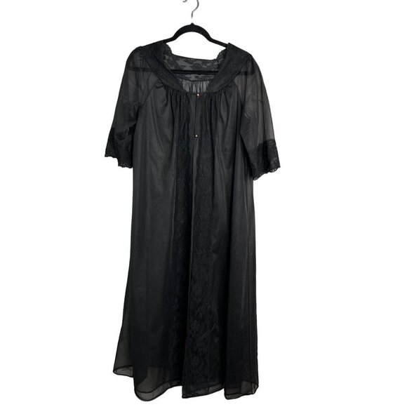 Shadowline Vintage‎ Semi-Sheer Two Button Robe Lace Trim Black Medium - Picture 1 of 9
